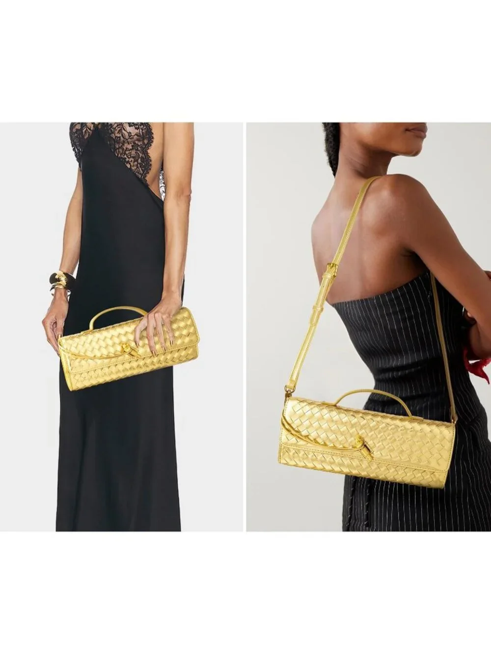 Women Golden Woven Vegan Leather Clutch Purse Formal Evening Crossbody Bag